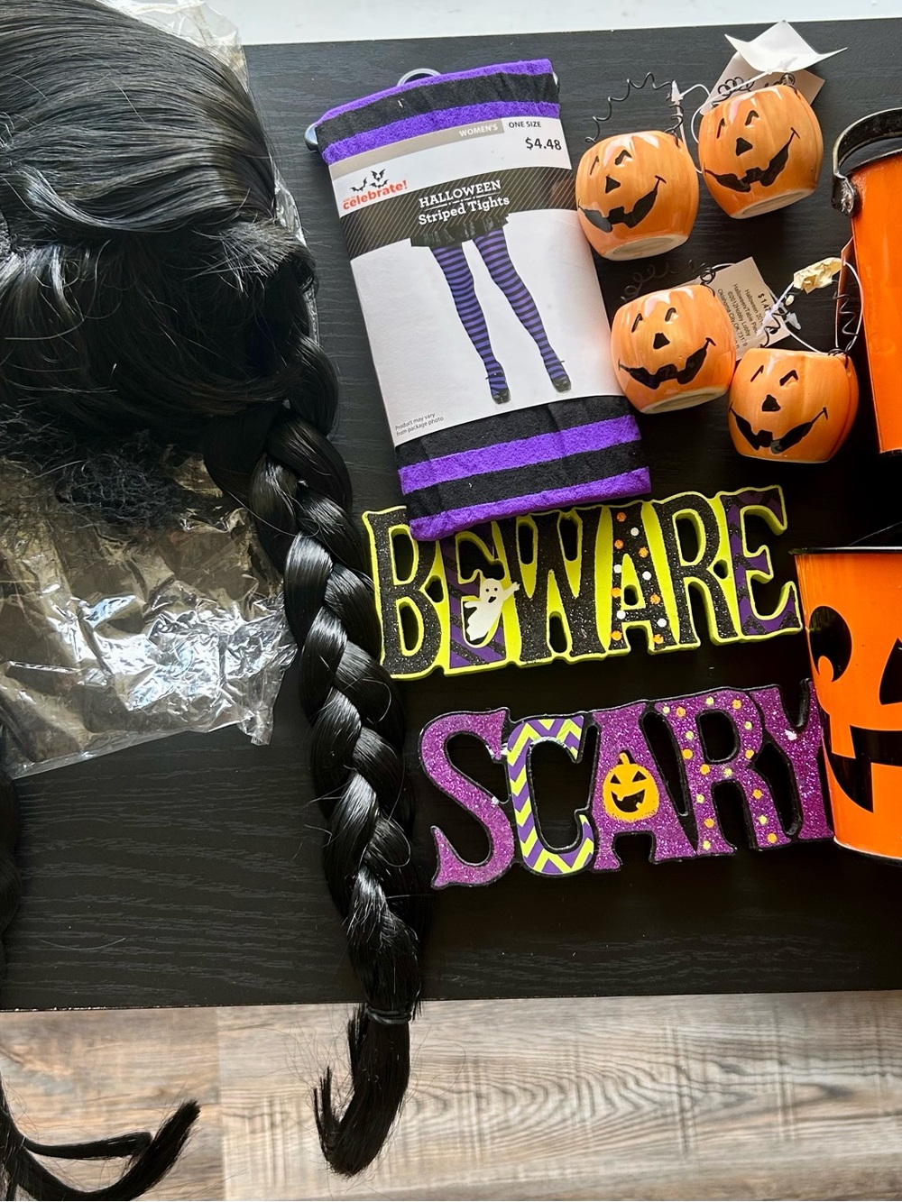 Halloween lot Purple & Black Striped Tights Wednesday Wig and more